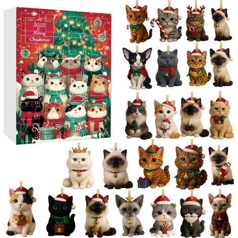 Calendrier de l'Avent 2D (24 pièces), pendentifs en acrylique représentant un chat en peluche mignon et moderne, idéal pour décorer le sapin (1/5)