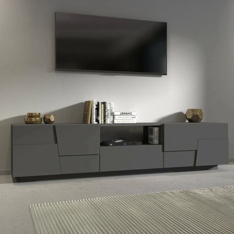 Dmora - Mueble TV Vanni, Aparador bajo de salón con 4 puertas y 1 cajón, base para mueble TV, 220x44h46 cm, Antracita (1/5)