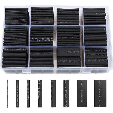 Gaine Thermorétractable 650pcs Tube Thermorétractable Noir 8 Tailles Ratio 2:1 Gaine Thermo Retractable Kit, Noire (1/4)