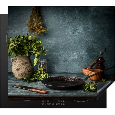 PROTECTION PLAQUE INDUCTION Herbes - Épices - Poêle - Couteau - Gris - Rustique Plaque de Deco Cuisine 60x52 cm (1/5)