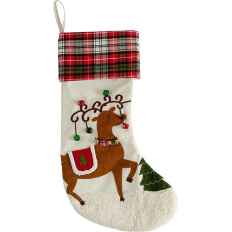 Chaussette De Noël - Motif Renne - Tricotée - 18 x 7 Pouces - Bord Fluffy - Blanc - Pour Cheminée Ou Décoration - 1 Pièce (1/5)