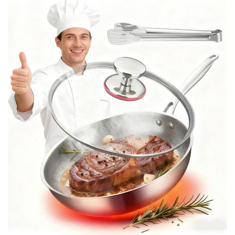 Poêle en titane 2026 Upgrade Titanium Pro, poêle en titane non revêtue avec couvercle, 32/34 cm, compatible avec induction et tous les types de plaques de cuisson (34 cm) (1/5)