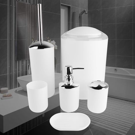 6-teiliges Badezimmer-Accessoires-Set: Zahnbürstenhalter, Abfalleimer, Seifenspender (Weiß) (1/5)