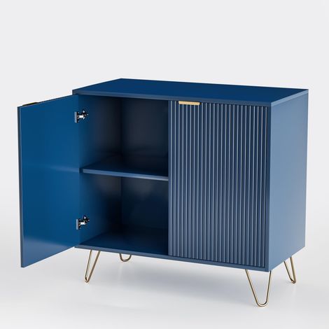 Buffet Bas 80 cm Bleu - Meuble de Rangement 2 Portes Texturées et Pieds Épingles Dorés - Style Art Déco et Moderne
