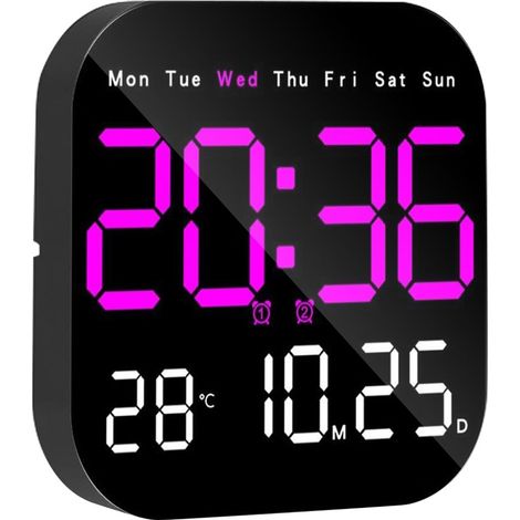 Orologio da parete a LED multifunzione, con telecomando, timer, conto alla rovescia e indicazione della temperatura, colore viola. (1/5)