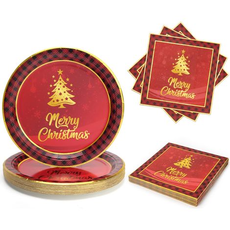 Vaisselle de Noel Jetable En Papier Et Serviettes De Noël 50 Pièces, 23cm Assiette Motif Sapin De Noël Rouge, pour 25 Convives, pour Noël Fêtes Décoration (1/5)