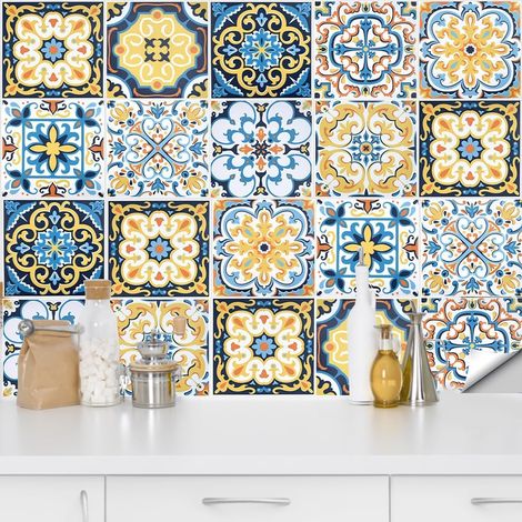 20 Pcs Stickers Carrelage 15x15cm Autocollant Carrelage Cuisine en PVC Stickers Mosaïque Cuisine Vintage Stickers Muraux Carrelage Étanche Style Ethnique pour Déco Mur Salle de Bain, Bleu/Or (1/5)
