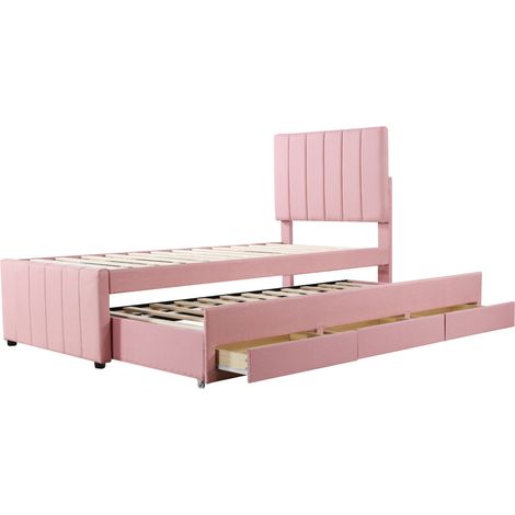 Cama tapizada 90x200 cm con cama nido, 3 cajones, lino rosa y cabecero ajustable (1/5)