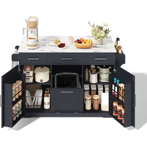 Îlot de cuisine mobile avec plan de travail rabattable, desserte sur roulettes, rangements et poubelle intégrée, 136 x 75 x 92 cm (1/5)