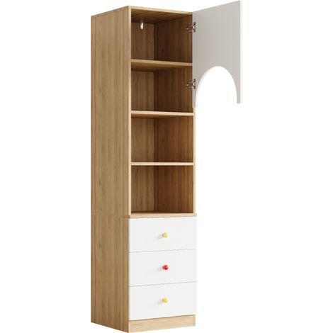 Bibliothèque à plusieurs niveaux, étagère de rangement, avec trois tiroirs et trois tablettes, poignées en céramique, blanc et aspect bois, lot de 2, 100×50×200 cm (1/5)