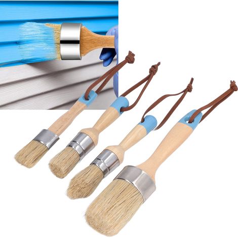 Ensemble de quatre pinceaux pour la maison avec manche en bois, craie en soies de sanglier pures, pinceau à cire, outils de peinture et de cirage à faire soi-même (1/5)
