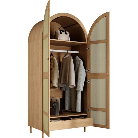 ELVMI Armario con 1 Barra y 1 Cajón, Puertas Curvas, Almacenaje, Dormitorio, Natural, 80×50×179 cm (1/5)