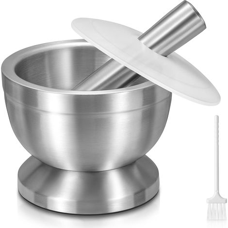 Mortier avec Pilon, 380 ml, Grand Mortier et Pilon en Acier Inoxydable avec Couvercle, Brosse, Fond Antidérapant pour Moudre des Herbes, des Épices, des Pilules, 11,7 cm de Diamètre (1/5)