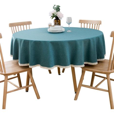 Nappe ronde en mélange coton-lin, 90 cm de diamètre, bleu paon, lavable en machine