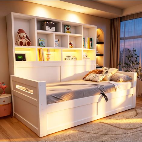 Lettino per bambini 90x200 cm con vano contenitore idraulico, illuminazione a LED, prese di corrente e contenitore, in MDF bianco per camera da letto (1/5)