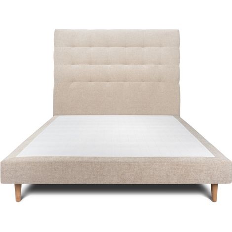 Lit 150x190cm avec tête de lit capitonnée tissu et sommier tapissier beige brun - Hauteur totale : 29cm (1/5)