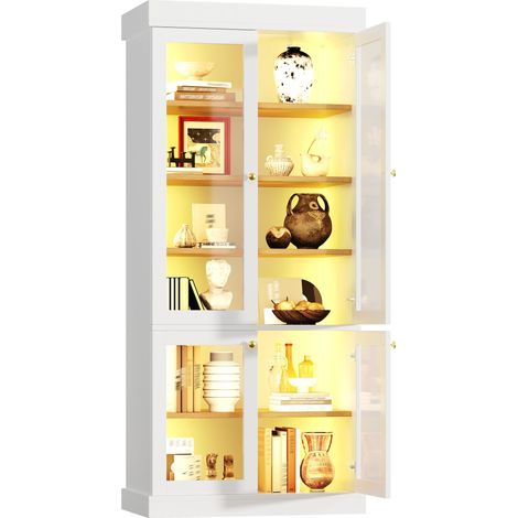 Vitrine blanche avec éclairage LED 180 cm, armoire haute de rangement en MDF et métal avec portes en verre et anti-basculement (1/5)