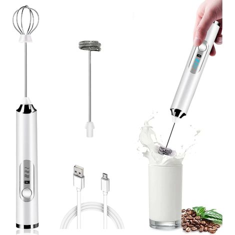 Mousseur à lait électrique portatif, fouet à café avec 2 fouets en acier inoxydable, 3 vitesses réglables, mélangeur pour mousse, blanc (1/4)