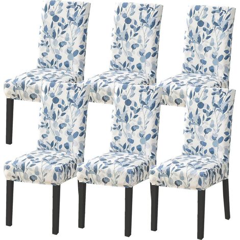 Housses de chaise extensibles lavables motif feuilles bleues lot de 6 (1/5)