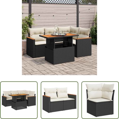 vidaXL Canapé extérieur - Salon de jardin 5 pcs avec coussins noir résine tressée acacia (1/5)
