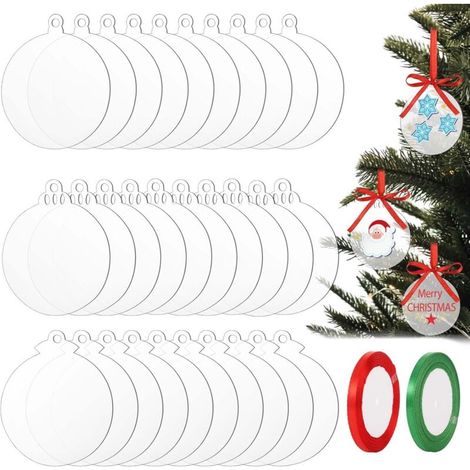 30 runde Weihnachtskugeln aus transparentem Acryl in Blattform mit Schleife, flache Kugeln für Bastelarbeiten, transparente Acrylscheiben für die Weihnachtsbaum- und Partydekoration (7,5 cm)