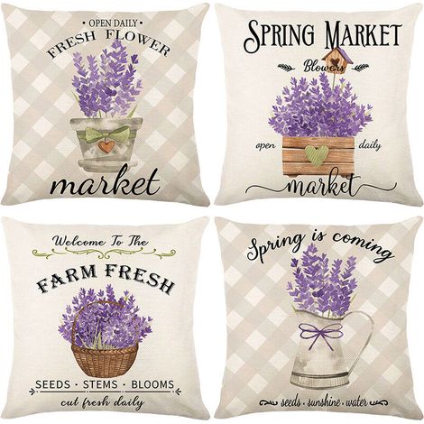Ahlsen Lila Lavendelblüten-Kissenbezüge, 45,7 x 45,7 cm, 4er-Set, dekorative Frühlingsblumen-Kissenbezüge, Polyester-Leinen-Kissenbezüge für den Außenbereich, für Couch, Couch, Garten, Schlafzimmer