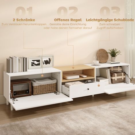 Meuble TV 200 cm pour écrans jusqu'à 90 pouces, 2 caissons avec portes battantes, 1 étagère ouverte, 1 tiroir, 8 pieds, panneaux de particules, blanc (1/4)