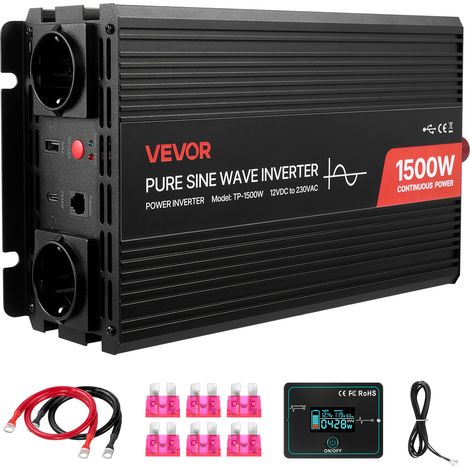 VEVOR Convertisseur Pur Sinus CC 12 V vers CA 230 V Onduleur Sinusoïdal Pur 1500 W, avec Telecommande Filaire, Port USB et Type-C, 2 Prises CA, pour Alimenter Appareils Camping, Camping-car, Voiture