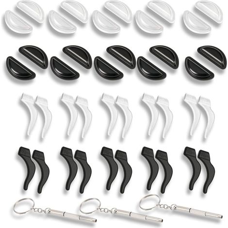 10 pares de ganchos de silicona antideslizantes + 10 pares de almohadillas nasales antideslizantes + 3 tornillos de reparación. Accesorios completos para gafas graduadas, gafas de sol y otros tipos de (1/5)