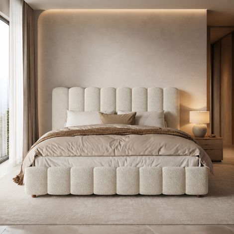 Letto contenitore matrimoniale 160x200 cm, con sollevamento idraulico e rete a doghe, in bouclé bianco, senza materasso (1/5)