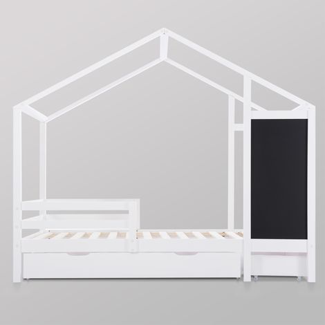 Lit cabane enfant 90 x 200 cm avec tableau noir, 2 tiroirs, barrières et sommier, blanc (1/5)