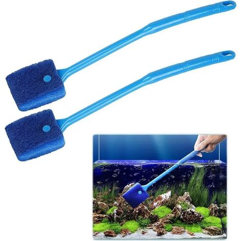 Nettoyeur d'aquarium avec éponge et manche, brosse longue pour vitres, grattoir en mousse pour aquarium, lot de 2, accessoire pour verre d'aquarium. (1/5)