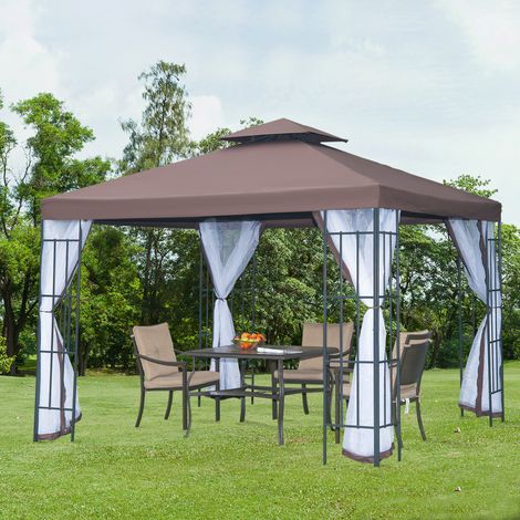 Outsunny Pavillon Gartenpavillon mit Moskitonetze Seitenwände, Partyzelt mit Doppeldach, Gartenzelt Festzelt 2,97x2,97m