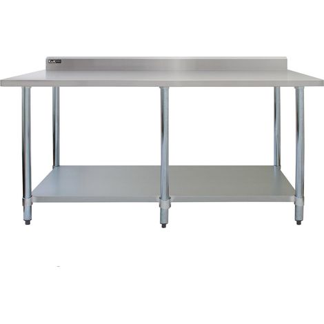 Mesa de Preparación de Comida Alimentos de Acero Inoxidable 210x90x60cm Encimera Banco Trabajos Cocina Restauración Gastronomía Altura Ajustable con Protector contra Salpicaduras y 2 Paños Microfibra (1/5)
