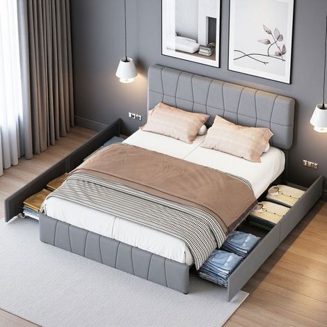 Letto matrimoniale 160x200 - Letto contenitore - 4 cassetti integrati - Design industriale moderno - Spazio di stoccaggio ottimizzato