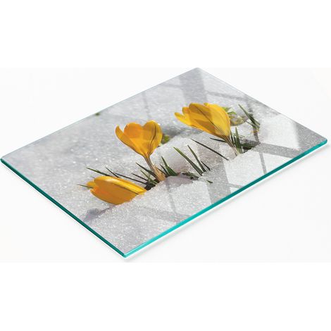 Dekoratives Küchenschneidebrett aus Glas, Krokusse im Schnee, 80 x 52 cm (1/5)