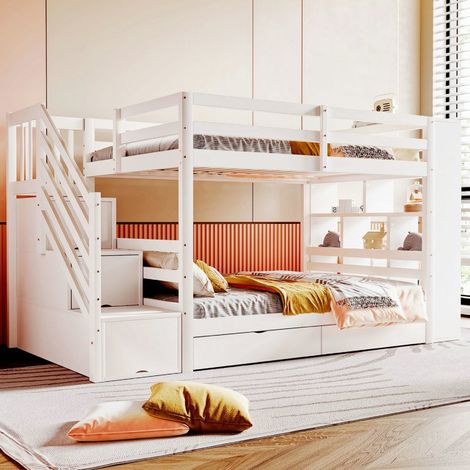Lit Superposé 90x200cm avec Escalier Rangement, Tiroirs et Placards - Blanc (1/5)