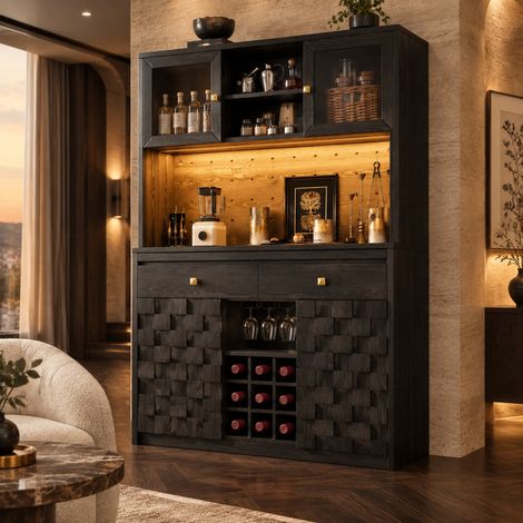 Armario alto de cocina 120x40x178 cm con LED RGB, USB, botellero, negro OKMYHOME (1/5)