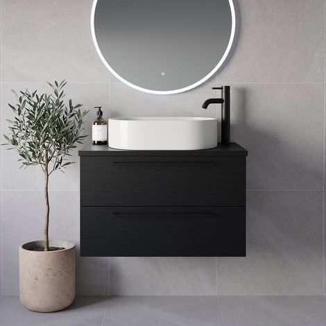 Napoli 390 Nero Oak 800mm Wall Mounted 2 Drawer Vanity Unit for Countertop Basins - 800mm - Matt Black 480mm Handle