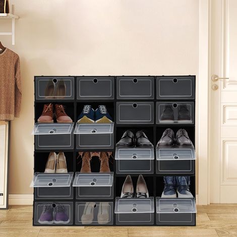 Schuhboxen, 24 Stück, stapelbar, schwarz Schuhboxen mit transparentem Deckel, faltbar, für Damen/Herren