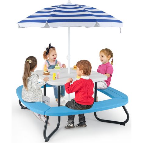 COSTWAY Kids Picnic Table HDPE Outdoor Table w/Height Adjustable Umbrella-White (1/5)