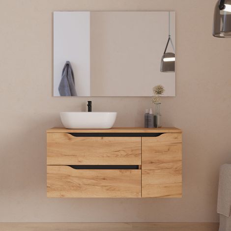 Meuble de salle de bain 100cm avec plateau, vasque à poser déportée à gauche Zeus et miroir - 2 tiroirs et un placard - roble (chêne clair) - ZARZA