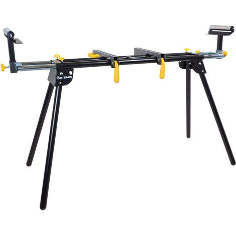 Steiner – Support stationnaire pour scie à onglet 150kg – Hauteur ajustable 90-100 cm – Extensions latérales avec servantes à rouleaux (1/3)