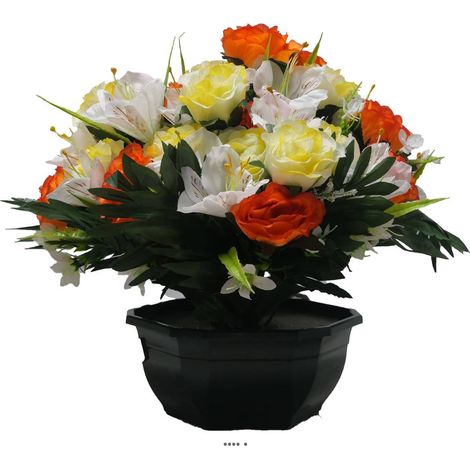 Grande Vasque de Roses fleurs artificielles pour le cimetière H 39 cm D 41 cm Jaune-orange - couleur: Jaune-orange