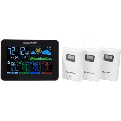 Horloge météo 3 voies + 3 capteurs de température et d'humidité + horloge + réveil + prévisions météorologiques + doigt de confort (1/5)