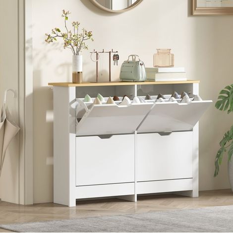 Zapatero estrecho de 4 abatibles, 8 a 16 pares, 105 x 26 x 80 cm, blanco/natural, DESVIAE (1/5)