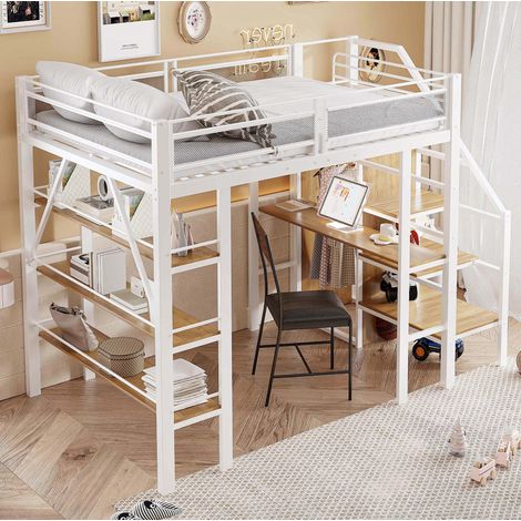 Letto a Soppalco 140x200 cm con Struttura Metallo Bianco (1/5)