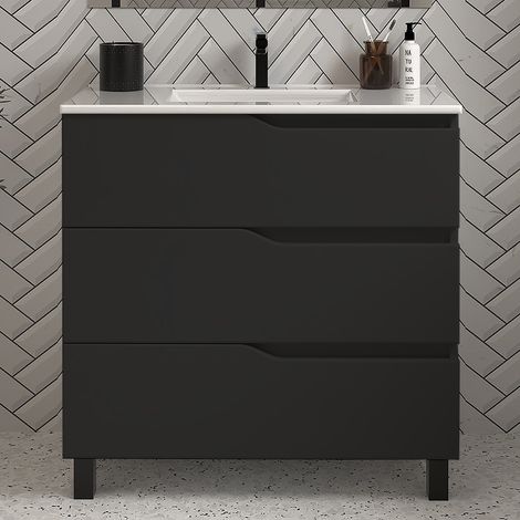Meuble sous vasque seul, 3 tiroirs, 70cm, pour simple vasque - noir - MATA