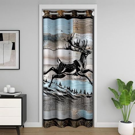 Cerf de Prunier Rideau de Porte 86x203 Rustique Vieille Porte de Grange Rideau Occultant Rétro Style Rustique Rideau de Porte Animaux Sauvages Thème Chambre Séparation Rideaux Porte de Chambre - 86x20 (1/5)