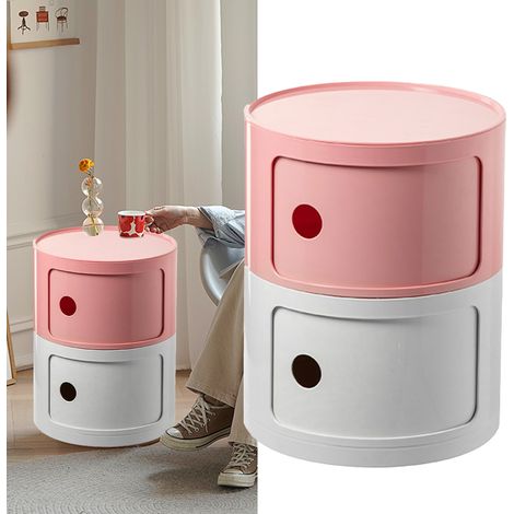 Nachttisch im nordischen Stil, farblich abgestimmt, großer, runder Nachttisch fürs Schlafzimmer, rosa, milchweiß (zweistöckig) (1/5)